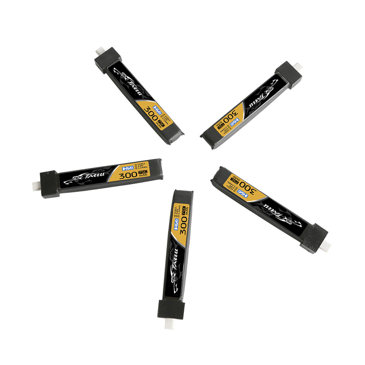 Tattu 1S 300mAh 75C 3.8V HV LiPo Battery (BT2.0, 5 Pack)
